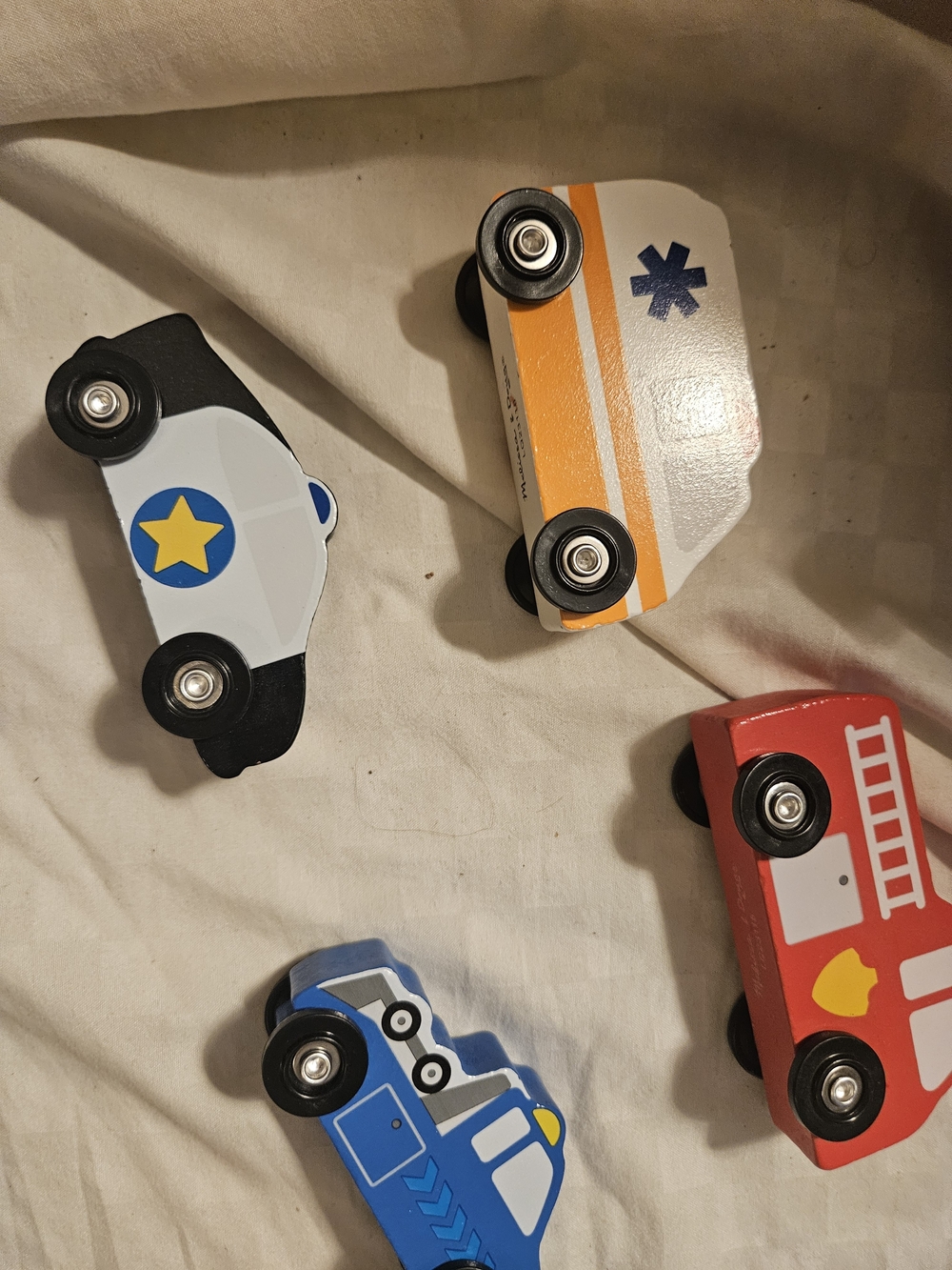 Wooden Toy Vehicles Set - Blue, Red, White, Orange, Black
